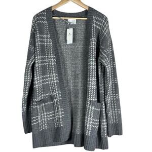 NWT Pink Rose Cozy Cardigan Womens M Gray Plaid Pockets Boho Coastal Grandmother